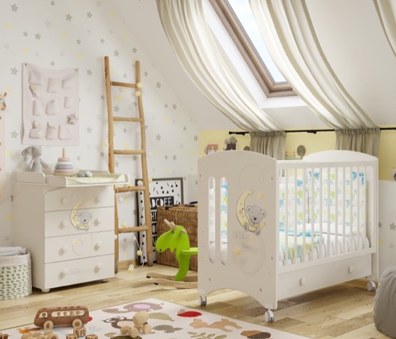 Пеленальный комод и кроватка для новорожденных с декорм Звездочет, производство Mожгинский лесокомбинат