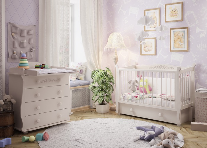 Кроватка для новорожденного и комод Julia из массива с продольным маятником и ящиком в белом цвете