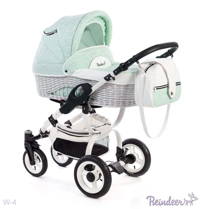 Коляска для ребенка 2 в 1 Reindeer Wiklina W4101 на раме с поворотными колёсами City, Mint&Print (светло-зеленый с рисунком)