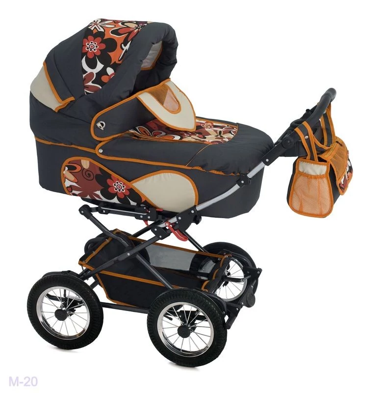 Детская коляска Reindeer Mega 3 в 1, на классической раме, цвет черный / бежевый с принтом "цветы" и с оранжевым кантом, M20201
