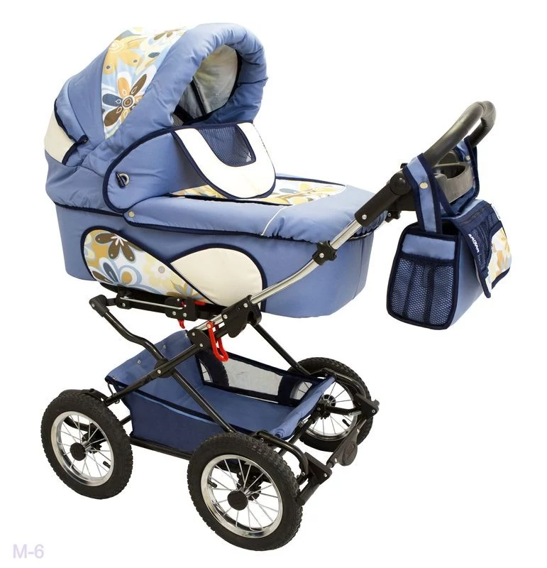 Детская коляска Reindeer Mega 3 в 1, на классической раме, цвет синий с принтом "цветы" на вставках, M6201