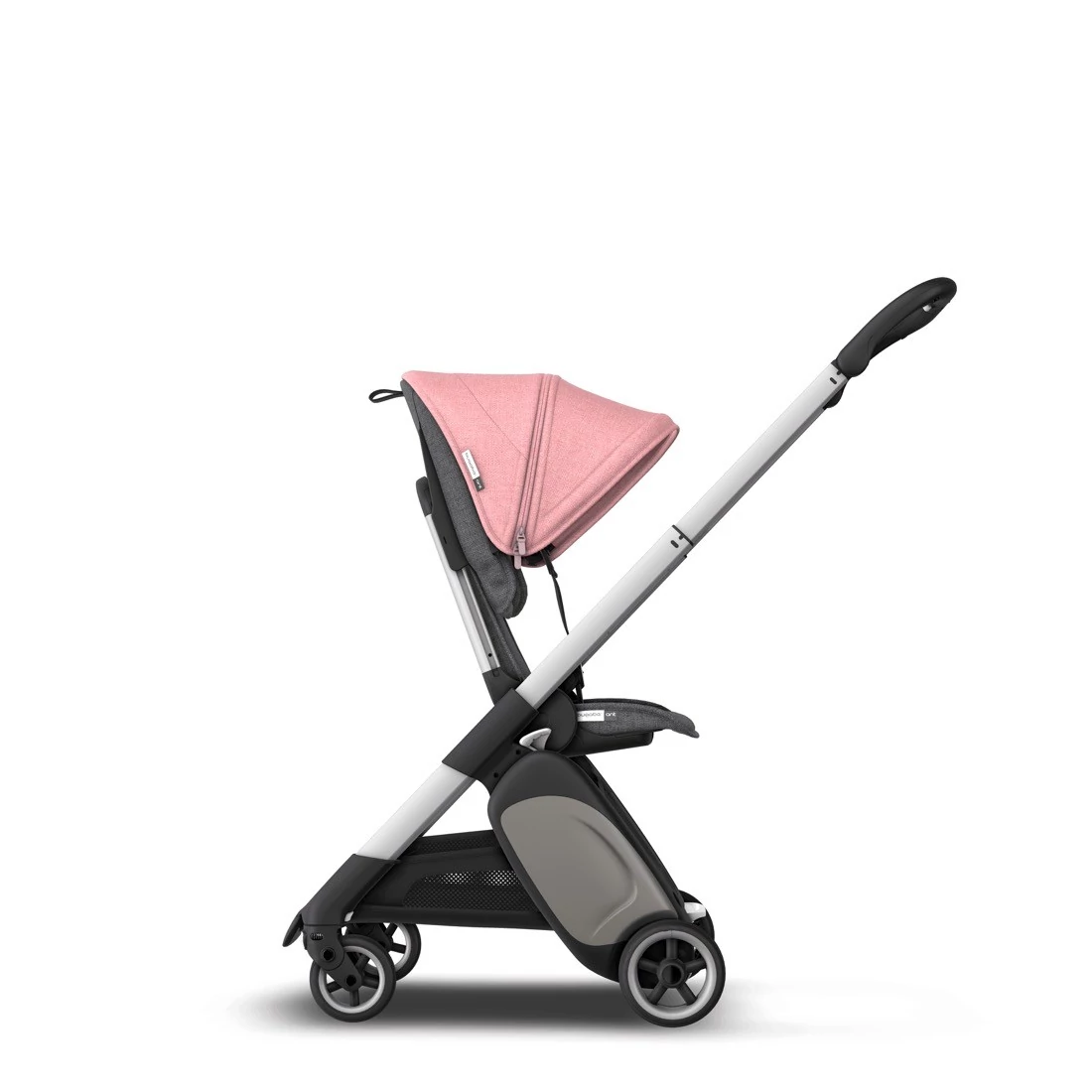 Компактную прогулочную коляску Bugaboo Ant Alu / Grey Melange-Pink Melange можно купить на серебристой раме с ярким розовым капором
