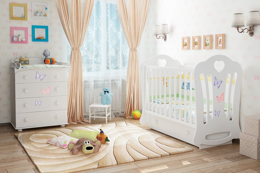 Детский пеленальный комод с декором «Бабочки» из серии Лалюка (Можгинский лесокомбинат) с пеленальным столиком и кровтка для новорожденных