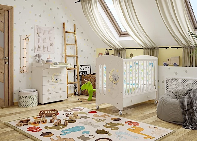 Пеленальный комод и кроватка для новорожденных с декором Лунный мишка, производство Mожгинский лесокомбинат