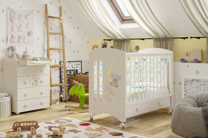 Детская кроватка для Новорожденных "Laluca Sofi" в белом цвете, на колесах и дуге качалке, с ящиком, купить в СПб в интернет магазине Piccolo - detki (Пикколо-детки)