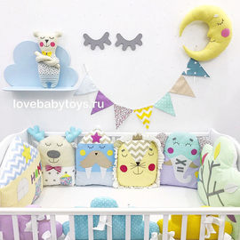 Комплект бортиков (бамперов) в стандартную кроватку Новорожденному "Цветные сны" из 9 предметов