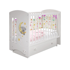 Кроватка для новорожденного Laluca Sofi с поперечным маятником и  ящиком, декор "Лунный мишка", в белом цвете